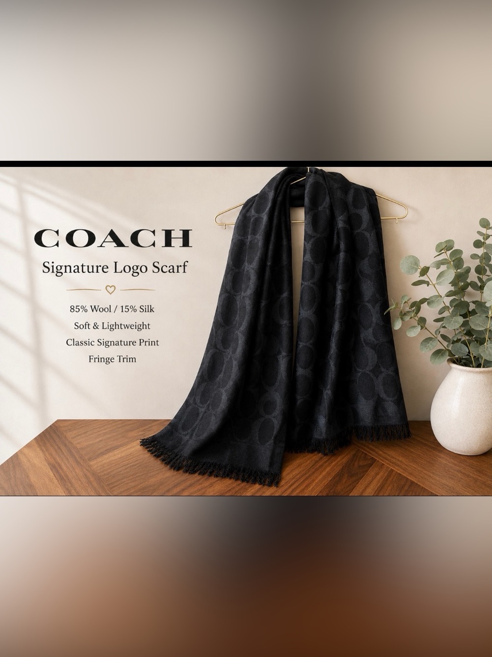 Coach Signature C Black Wool Silk Wrap Shawl Scarf Fringe CB700